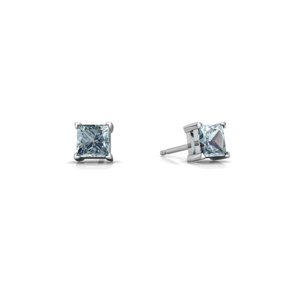 10k White Gold Plated 3 Carat Princess Cut Created Aquamarine Sapphire Stud Earrings