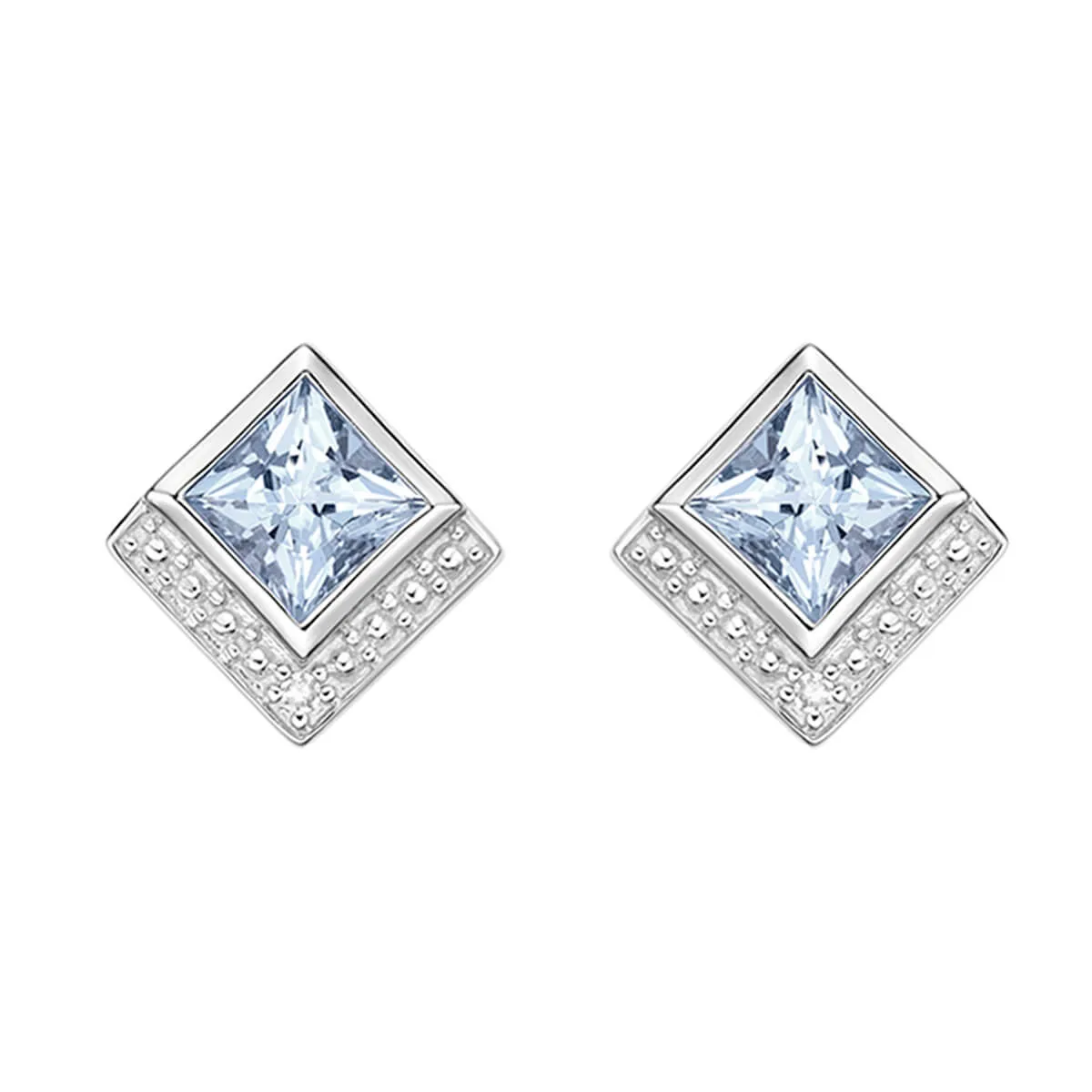 10K White Gold Princess Cut Aquamarine with Diamond Stud Earrings