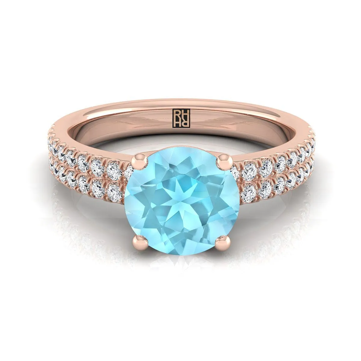 14K Rose Gold Round Brilliant Aquamarine Double Pave Diamond Row Engagement Ring -1/4ctw