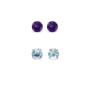 14k White Gold Plated 1/2Ct Created Amethyst and Aquamarine 2 Pair Round Stud Earrings