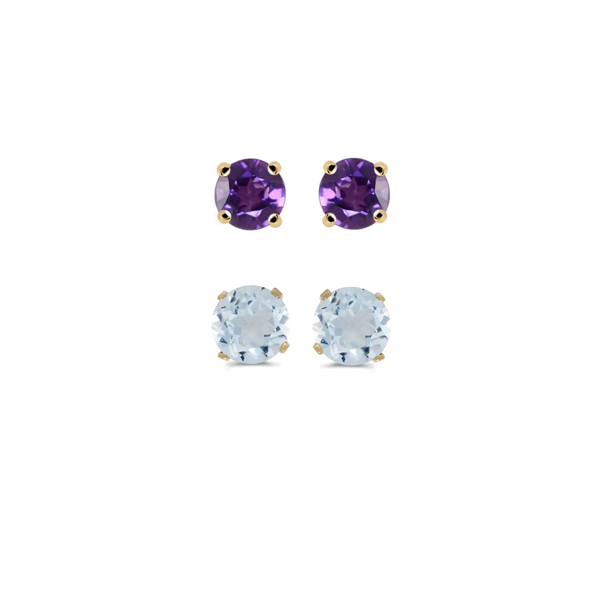 14k Yellow Gold Plated 3Ct Created Amethyst and Aquamarine 2 Pair Round Stud Earrings