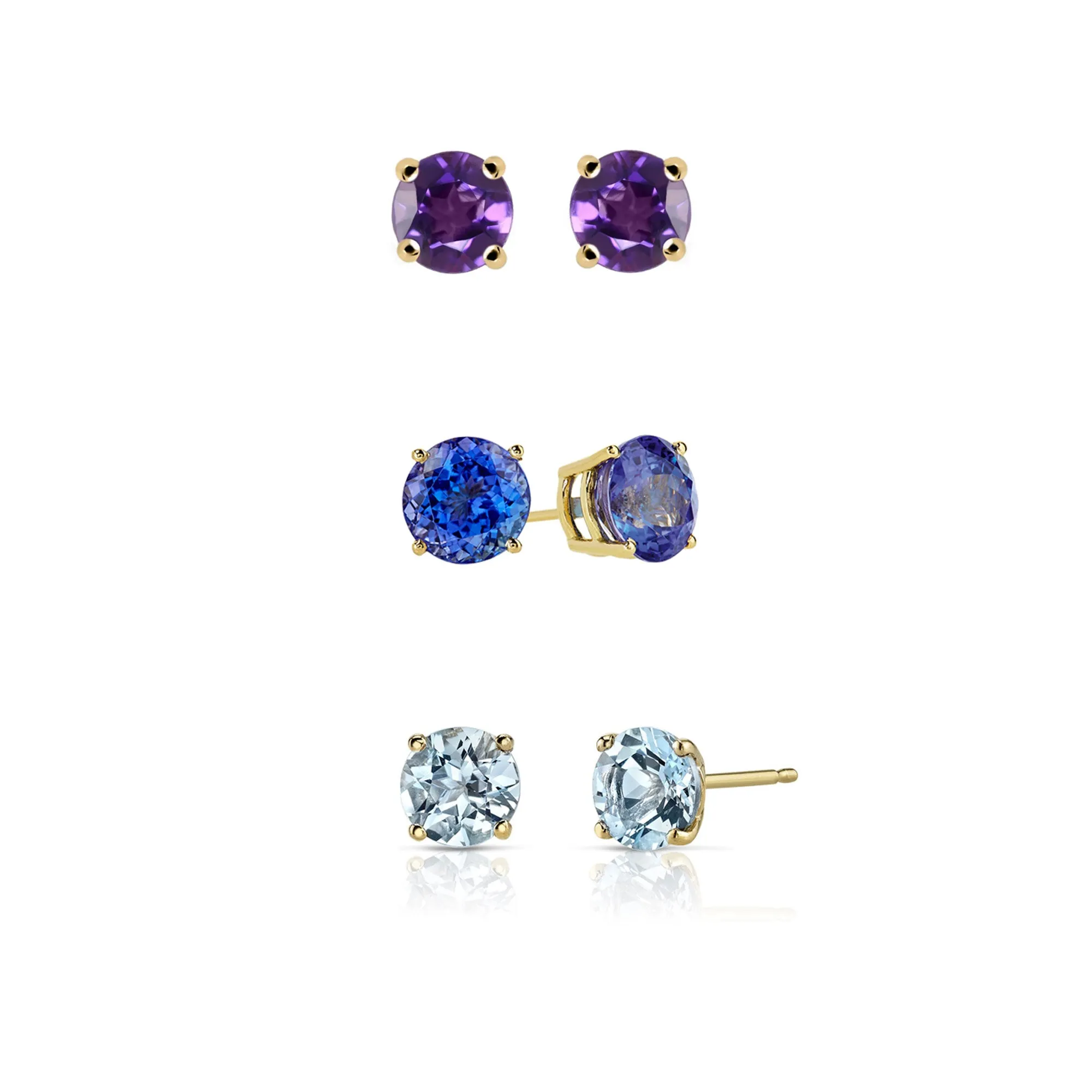 14k Yellow Gold Plated 4Ct Created Amethyst, Tanzanite and Aquamarine 3 Pair Round Stud Earrings