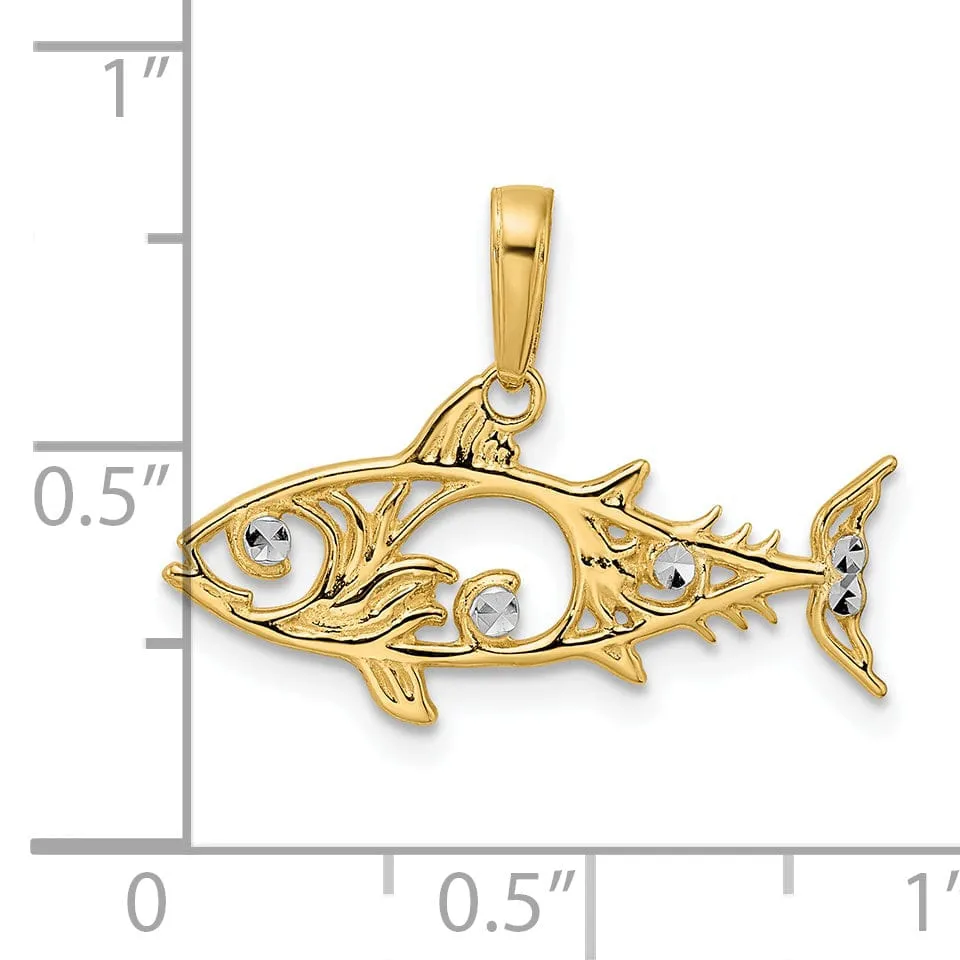 14k Yellow Gold White Rhodium Solid Polished Diamond Cut Finish Fish Design Charm Pendant