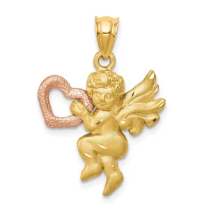 14k Yellow Rose Gold Satin D.C Finish Angel Holding Heart Pendant