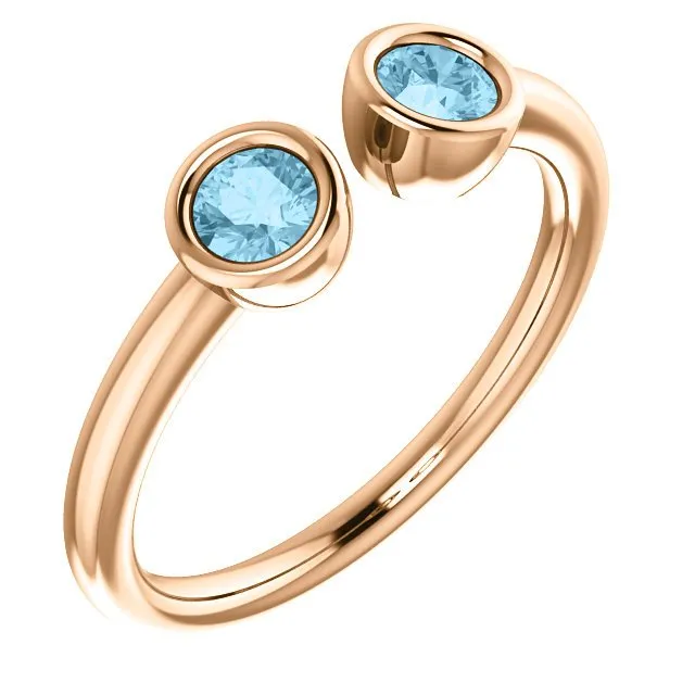 14KT GOLD 0.32 CTW AQUAMARINE 2 STONE BEZEL-SET CUFF RING