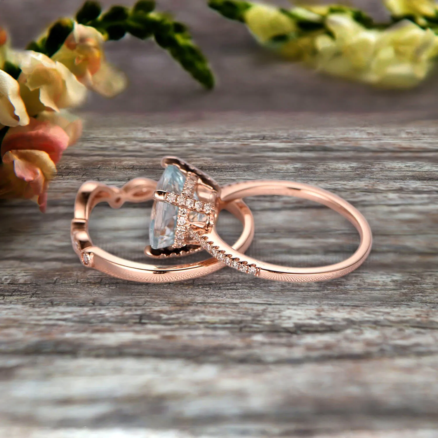 1.75 Carat 2Pcs Aquamarine Wedding Ring Set Cushion Cut Aquamarine Engagement Ring On 10k Rose Gold Curved Art Deco Matching Wedding Band Personalized for Brides