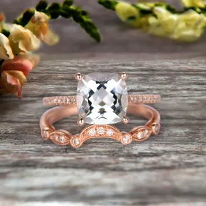 1.75 Carat 2Pcs Aquamarine Wedding Ring Set Cushion Cut Aquamarine Engagement Ring On 10k Rose Gold Curved Art Deco Matching Wedding Band Personalized for Brides