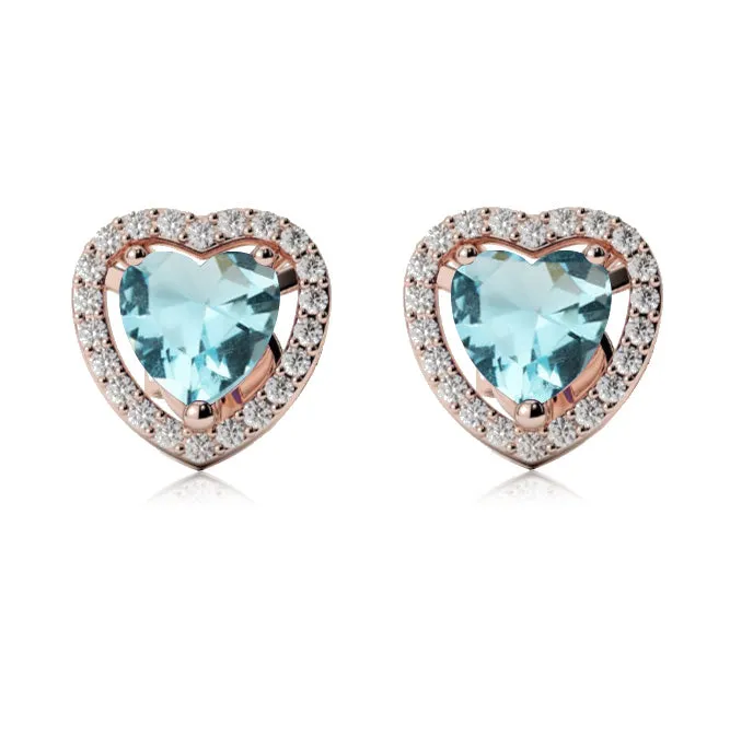 18k Rose Gold Plated 2 Ct Created Halo Heart Aquamarine Stud Earrings