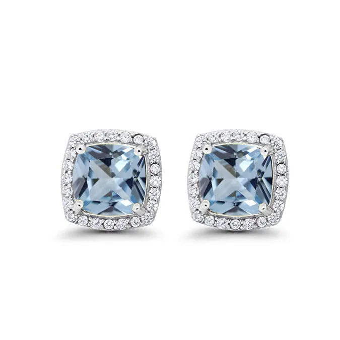 18k White Gold Plated 1/2 Ct Created Halo Princess Cut Aquamarine Stud Earrings