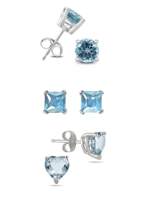 18k White Gold Plated 1Cttw 7mm Created Aquamarine 3 Pair Round, Square and Heart Stud Earrings