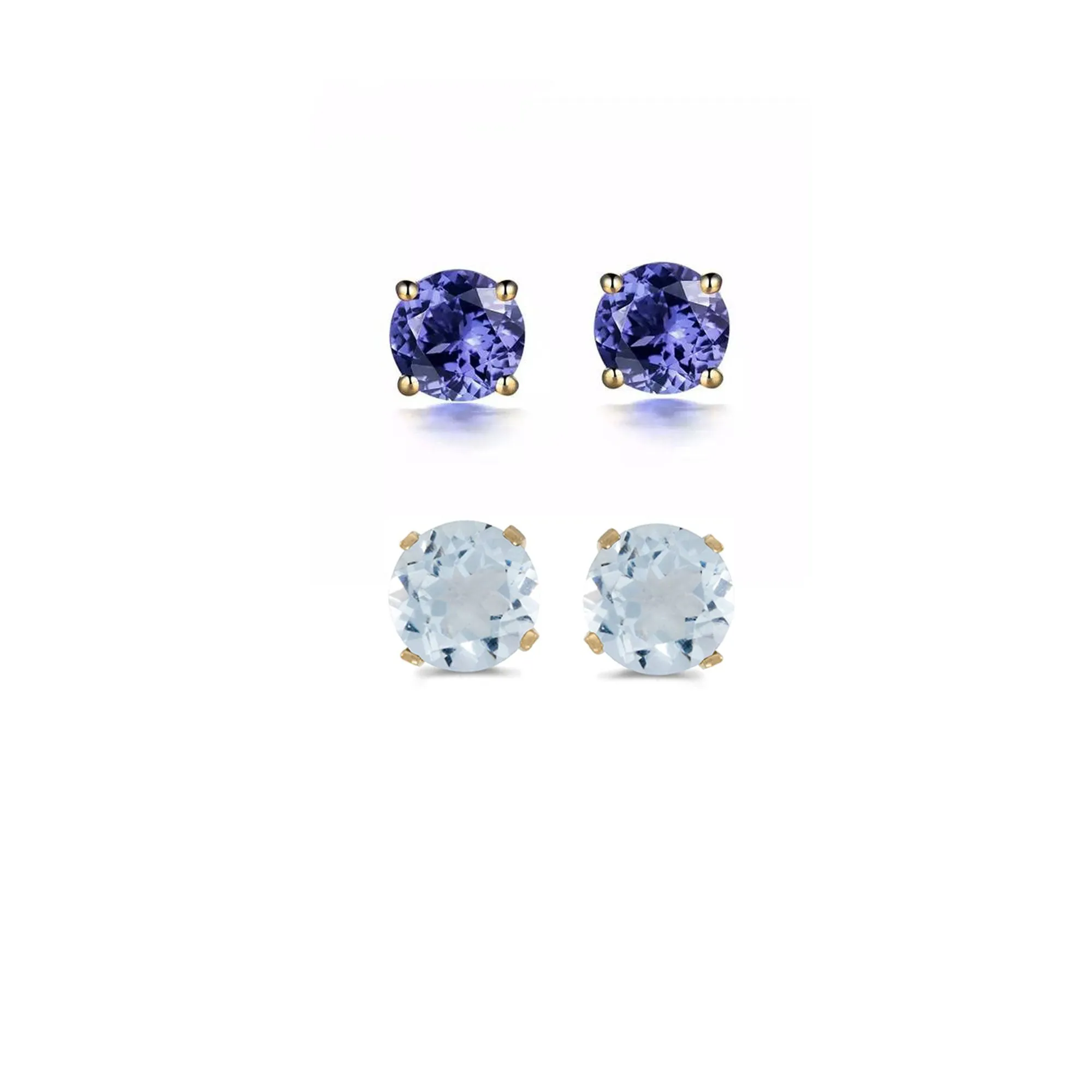 18k Yellow Gold Plated 1Ct Created Tanzanite and Aquamarine 2 Pair Round Stud Earrings