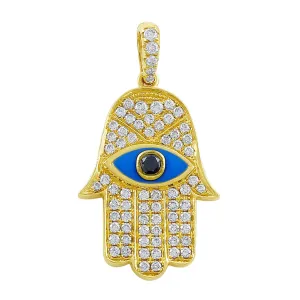 18kt Yellow Gold Diamond & Onyx Evil Eye Hamsa Pendant