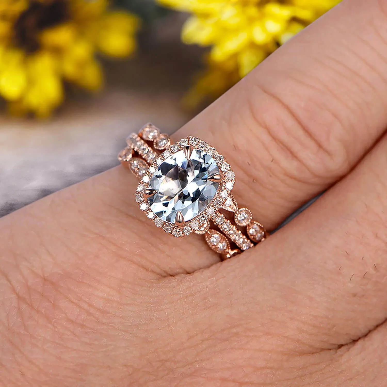 2 Carat Oval Cut Aquamarine And Moissanite Diamond Engagement Ring 10k Rose Gold With Art Deco Vintage Looking Matching Wedding Band