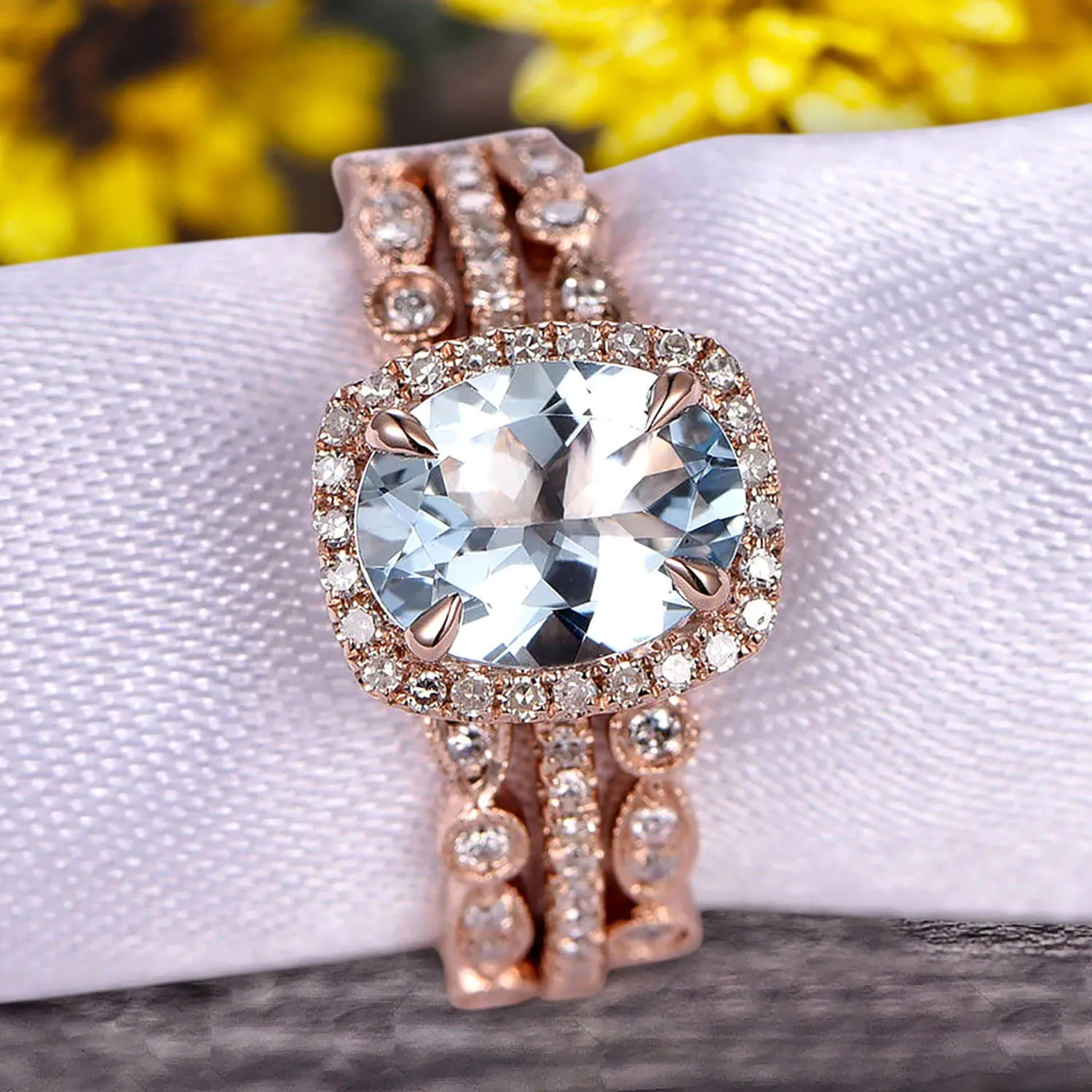 2 Carat Oval Cut Aquamarine And Moissanite Diamond Engagement Ring 10k Rose Gold With Art Deco Vintage Looking Matching Wedding Band