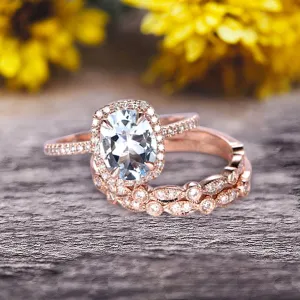 2 Carat Oval Cut Aquamarine And Moissanite Diamond Engagement Ring 10k Rose Gold With Art Deco Vintage Looking Matching Wedding Band