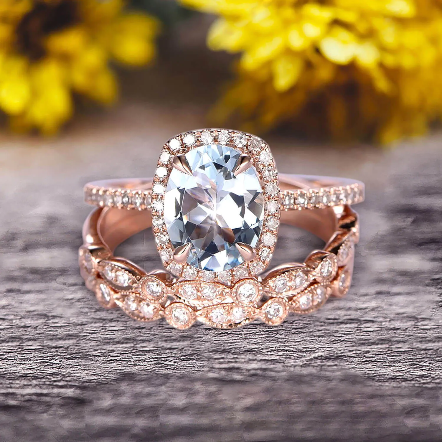 2 Carat Oval Cut Aquamarine And Moissanite Diamond Engagement Ring 10k Rose Gold With Art Deco Vintage Looking Matching Wedding Band