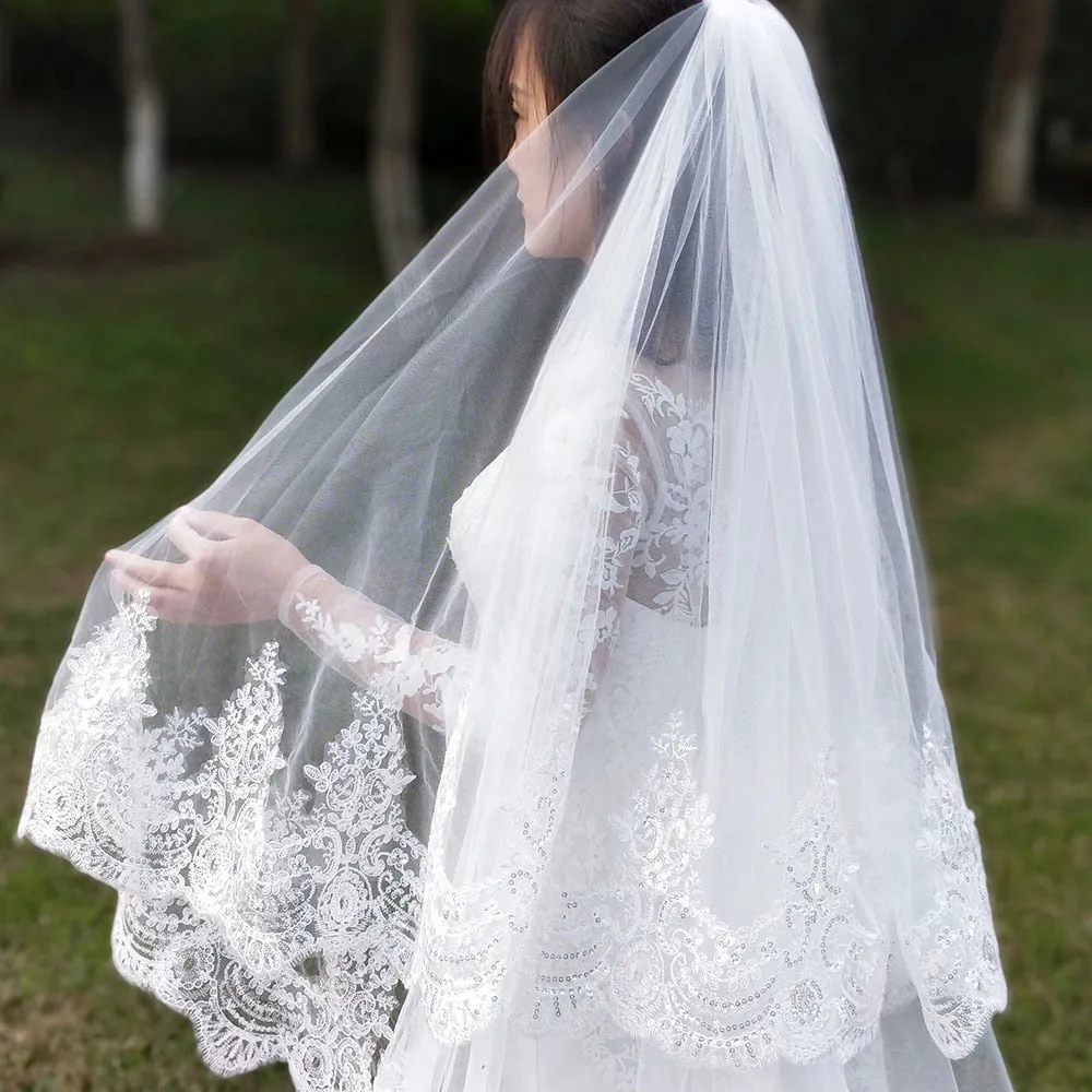 2 Layers Sequins Lace 3 Meters Cathedral  Wedding Veils with Comb White Ivory Bridal Veil