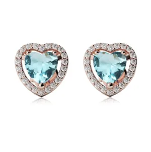 24k Rose Gold Plated 1/2 Ct Created Halo Heart Aquamarine Stud Earrings