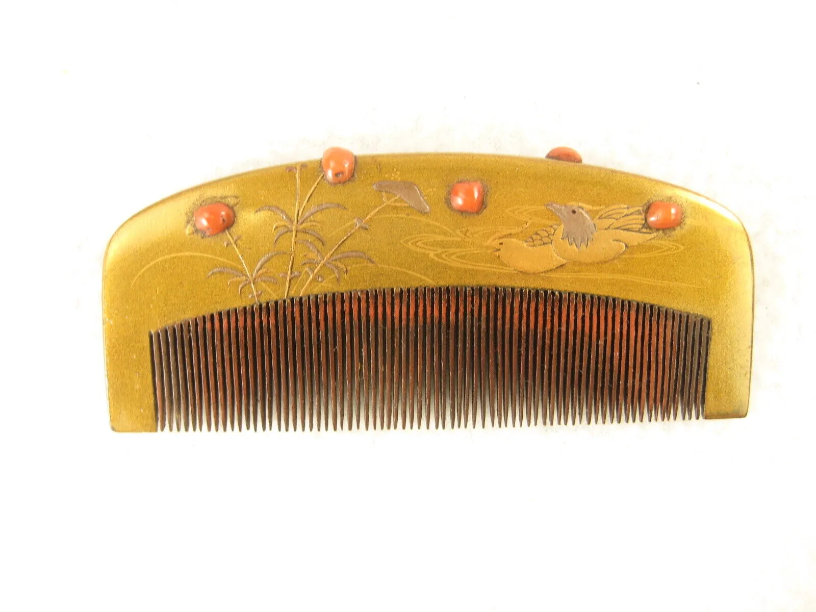 Antique Japanese Edo Era (C.1840) Nit Comb Makae Raised Gold Lacquer  & Coral