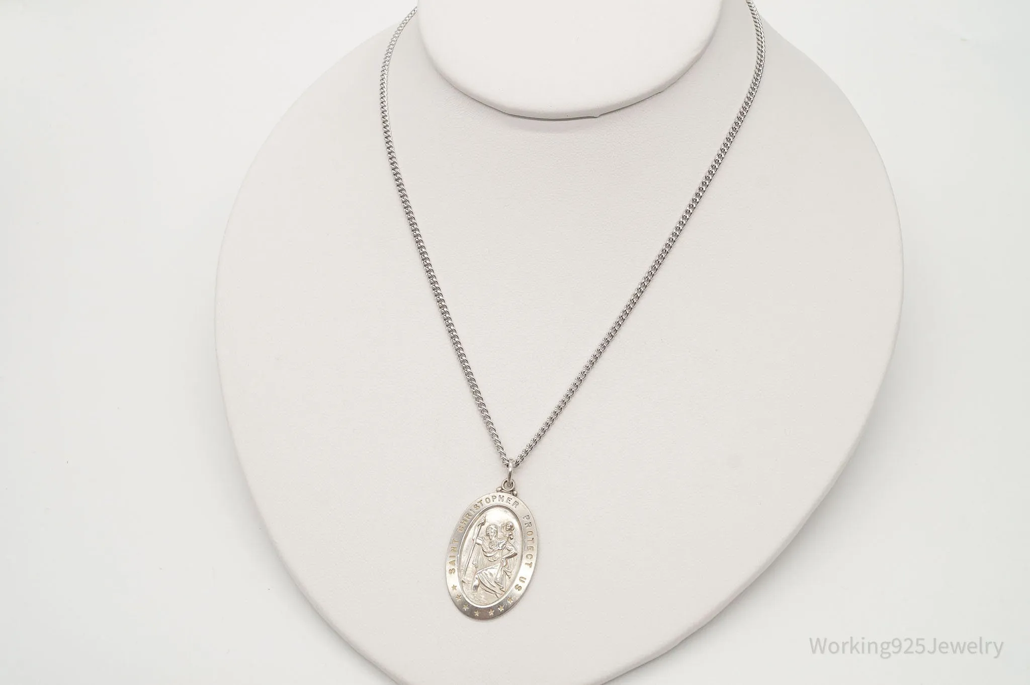 Antique Saint Christopher Protect Us Sterling Silver Pendant on Silver Necklace