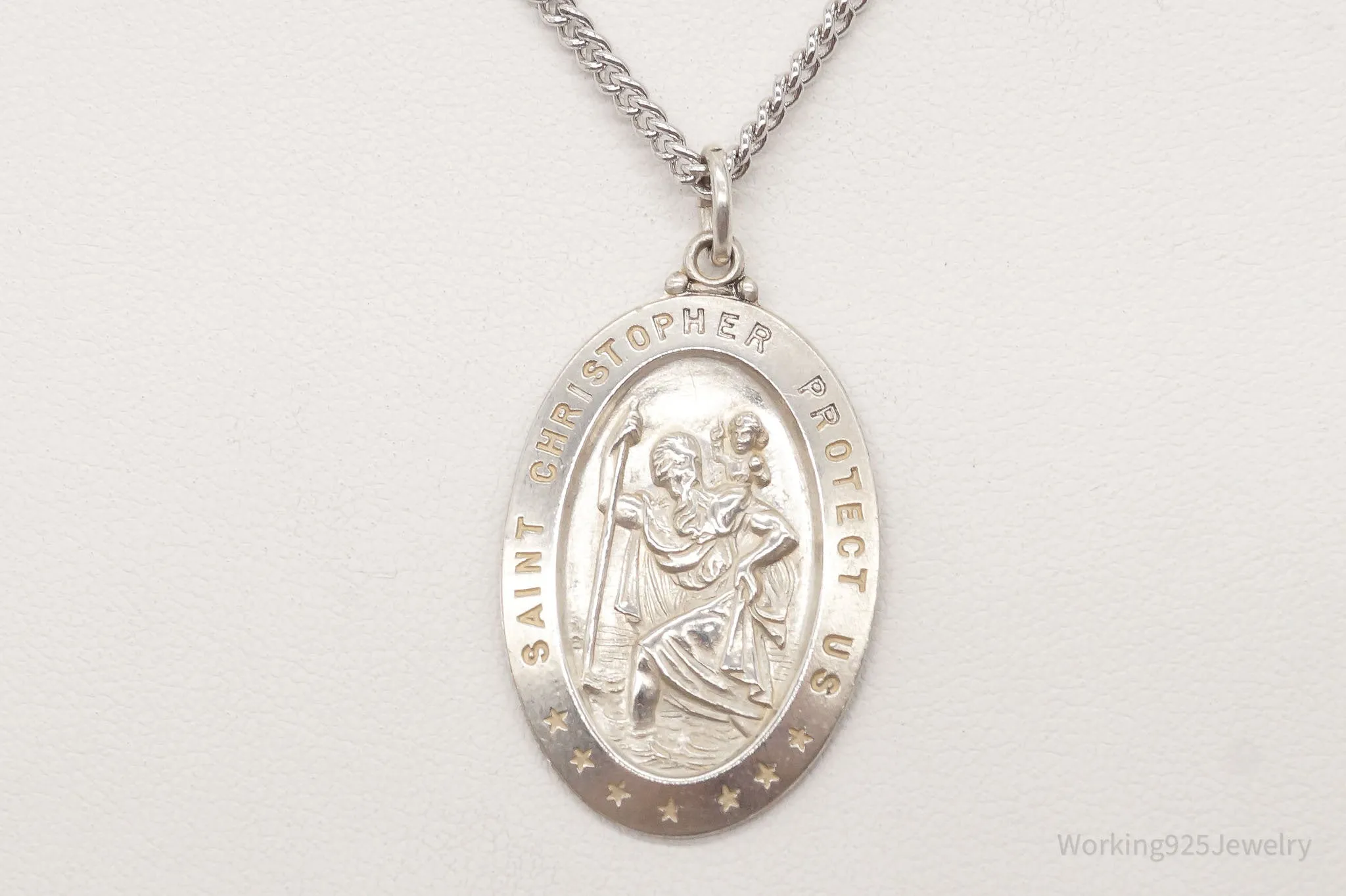 Antique Saint Christopher Protect Us Sterling Silver Pendant on Silver Necklace