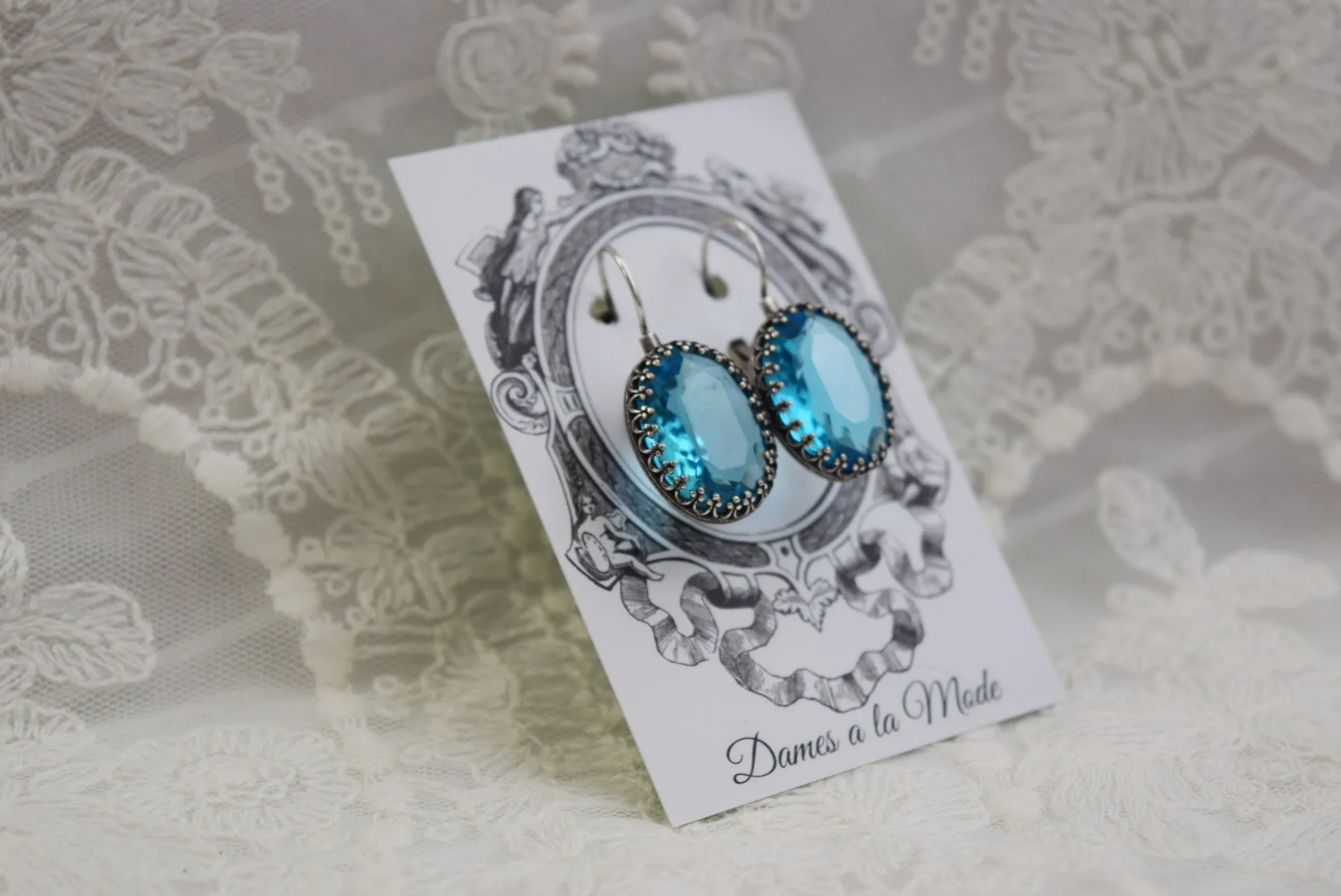 Aqua Blue Crystal Crown Earrings - Large Ovals