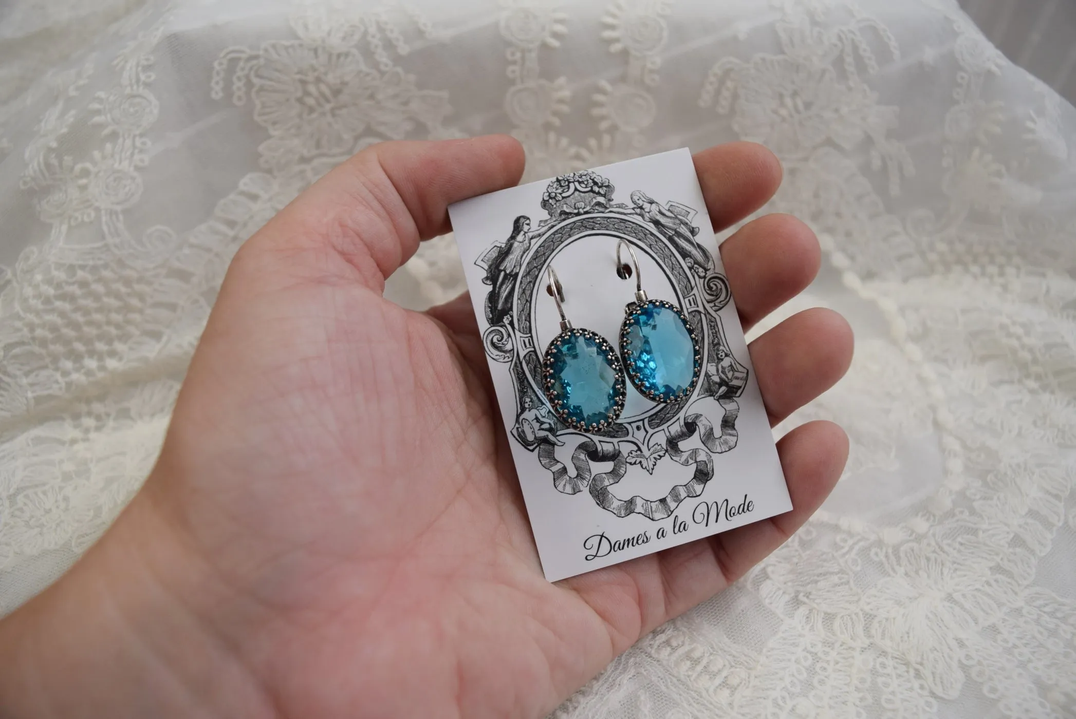 Aqua Blue Crystal Crown Earrings - Large Ovals