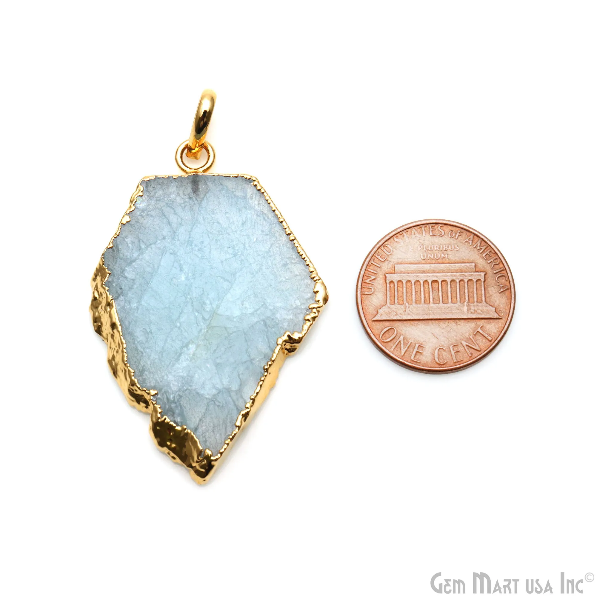 Aquamarine Free Form shape 42x28mm Gold Electroplated Gemstone Single Bail Pendant