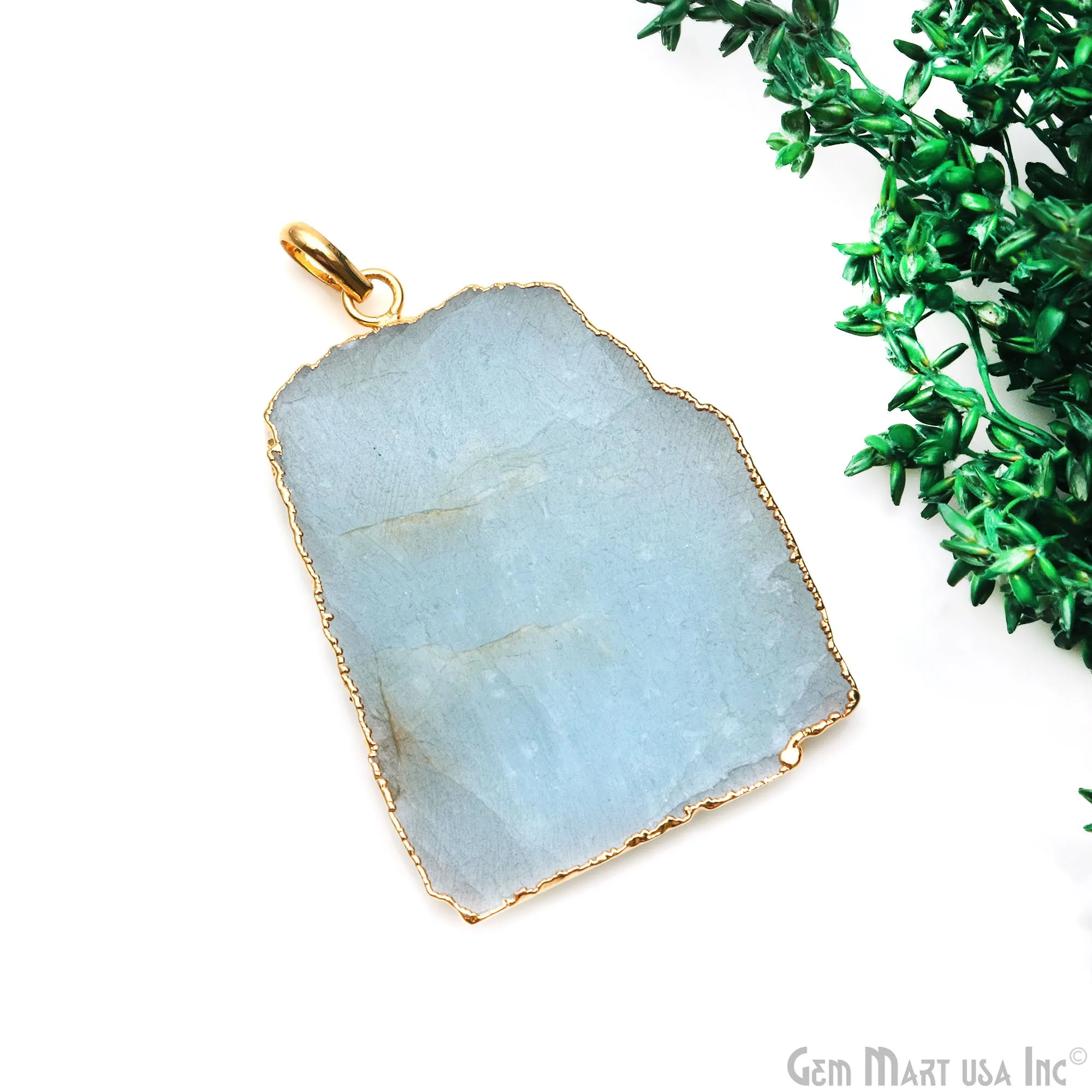 Aquamarine Free Form shape 50x36mm Gold Electroplated Gemstone Single Bail Pendant