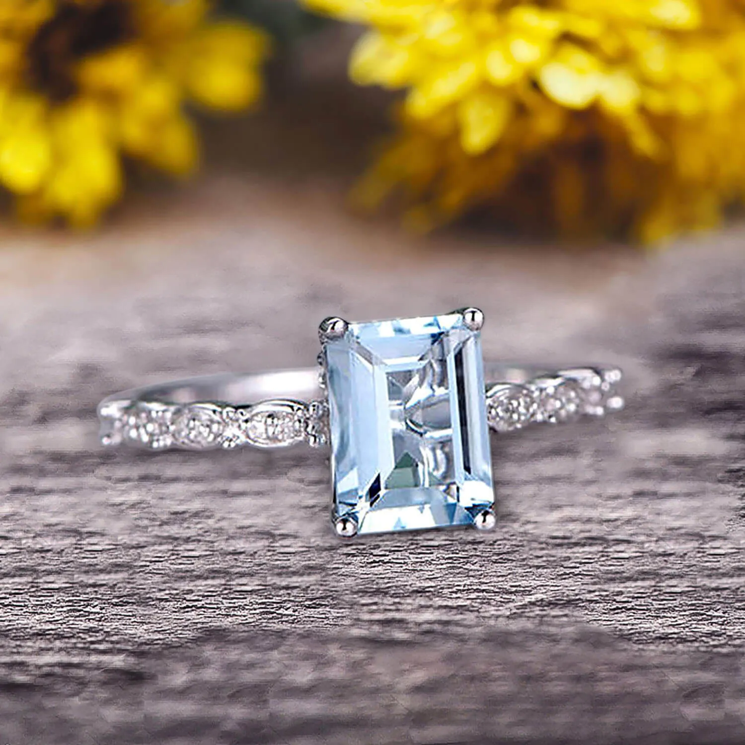 Art Deco 10k White Gold 1.25 Carat Emerald Cut Aquamarine Engagement Ring Anniversary Gift