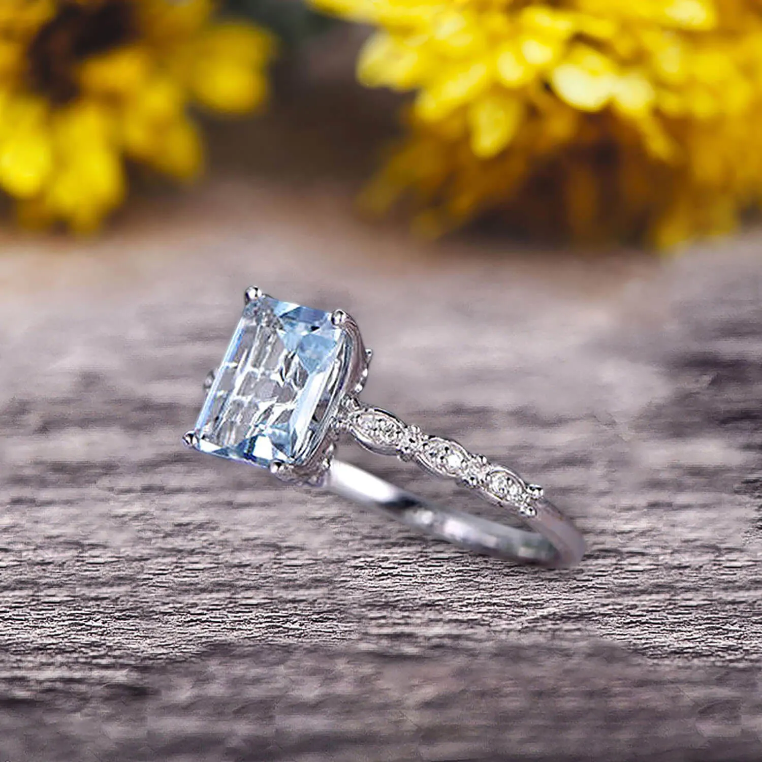 Art Deco 10k White Gold 1.25 Carat Emerald Cut Aquamarine Engagement Ring Anniversary Gift