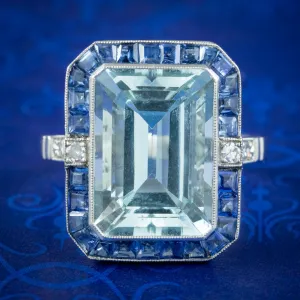 Art Deco Style Aquamarine Sapphire Diamond Cocktail Ring 7.29ct Aqua