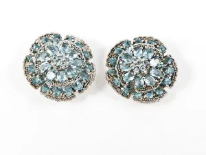 Beautiful Large Round Floral Elegant Setting Aquamarine Color CZ Stud Silver Earrings