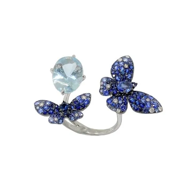 Blue Sapphires, Diamonds and Aquamarine Butterflies Ring