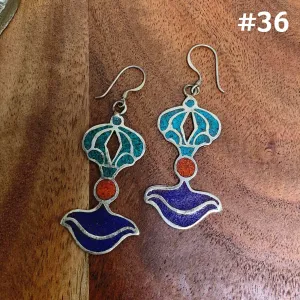 Bohemian Gypsy Indian Tibetan Dorje Turquoise, Coral, Lapis Inlay Silver Metal Earrings #36