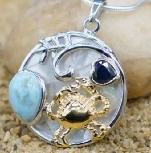 Crab Necklace with Larimar, Lapis Lazuli and Mother of Pearl