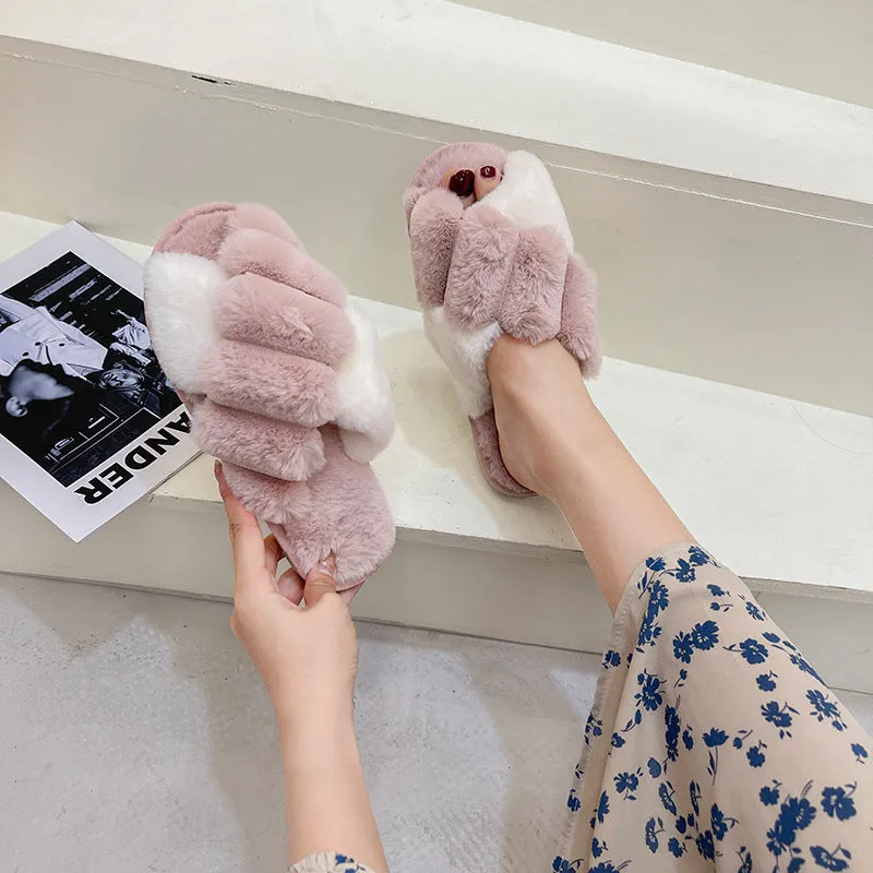 Cross Top Fur Flat Slippers – Warm Plush Comfort for Cozy Footwear