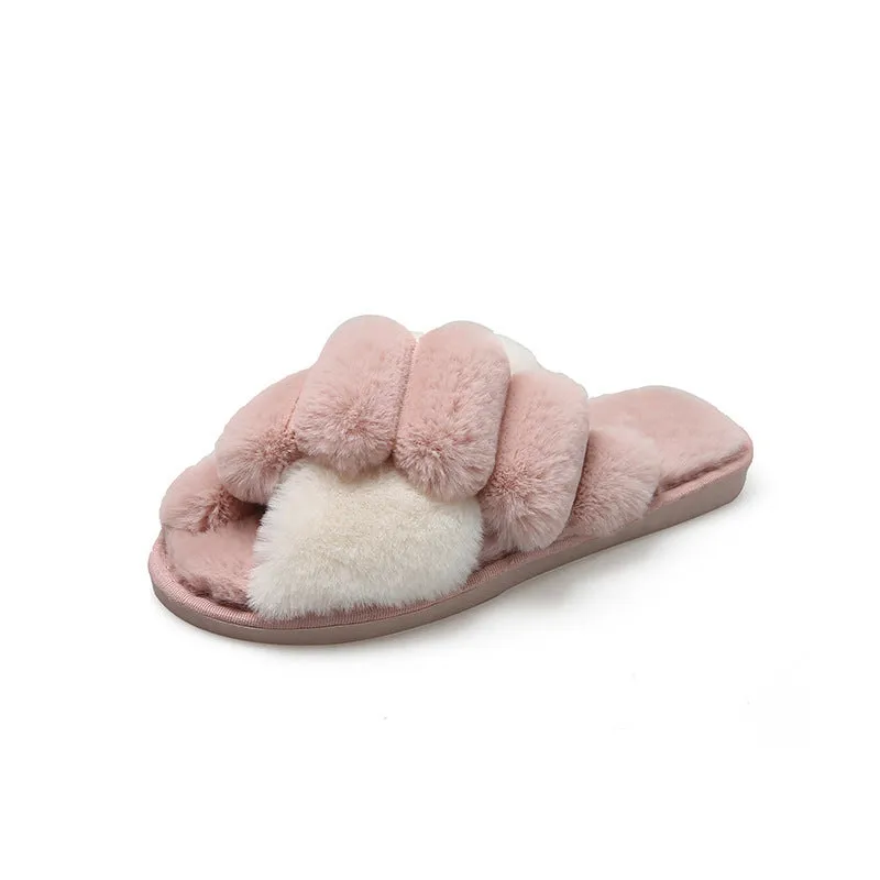 Cross Top Fur Flat Slippers – Warm Plush Comfort for Cozy Footwear