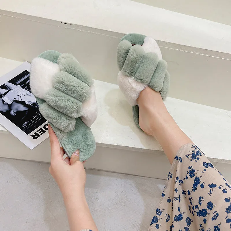 Cross Top Fur Flat Slippers – Warm Plush Comfort for Cozy Footwear