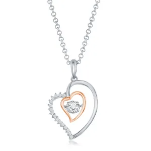 Dancing Cubic Zirconia and Open Double Heart Pendant - Sterling Silver and Rose Gold Plated