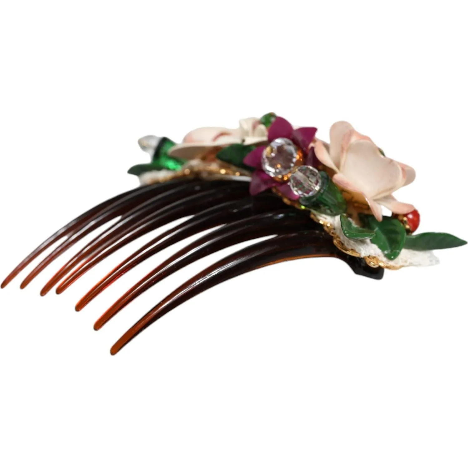 Dolce & Gabbana Brown Plastic Crystal Floral Women Hair Comb