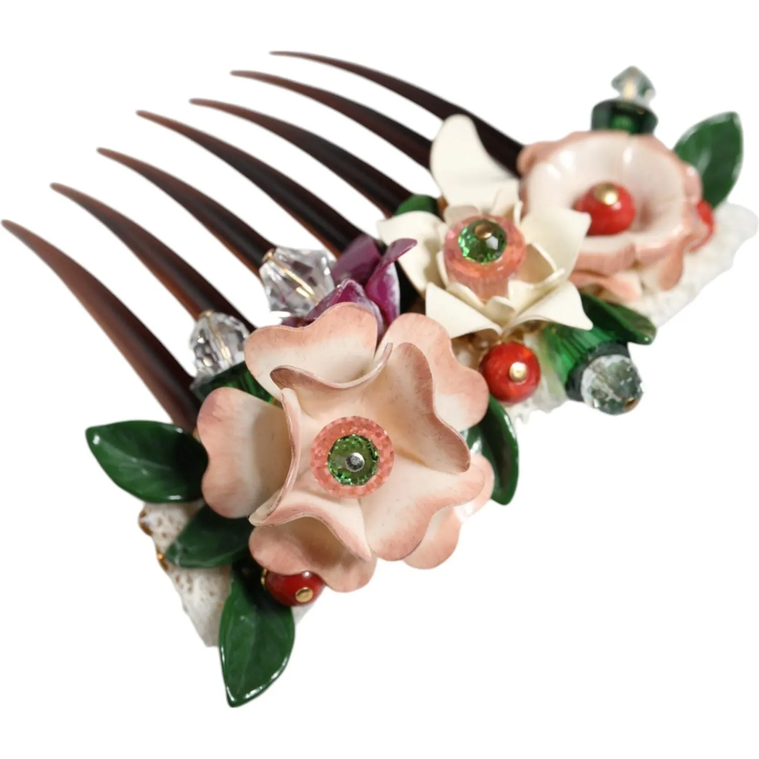 Dolce & Gabbana Brown Plastic Crystal Floral Women Hair Comb