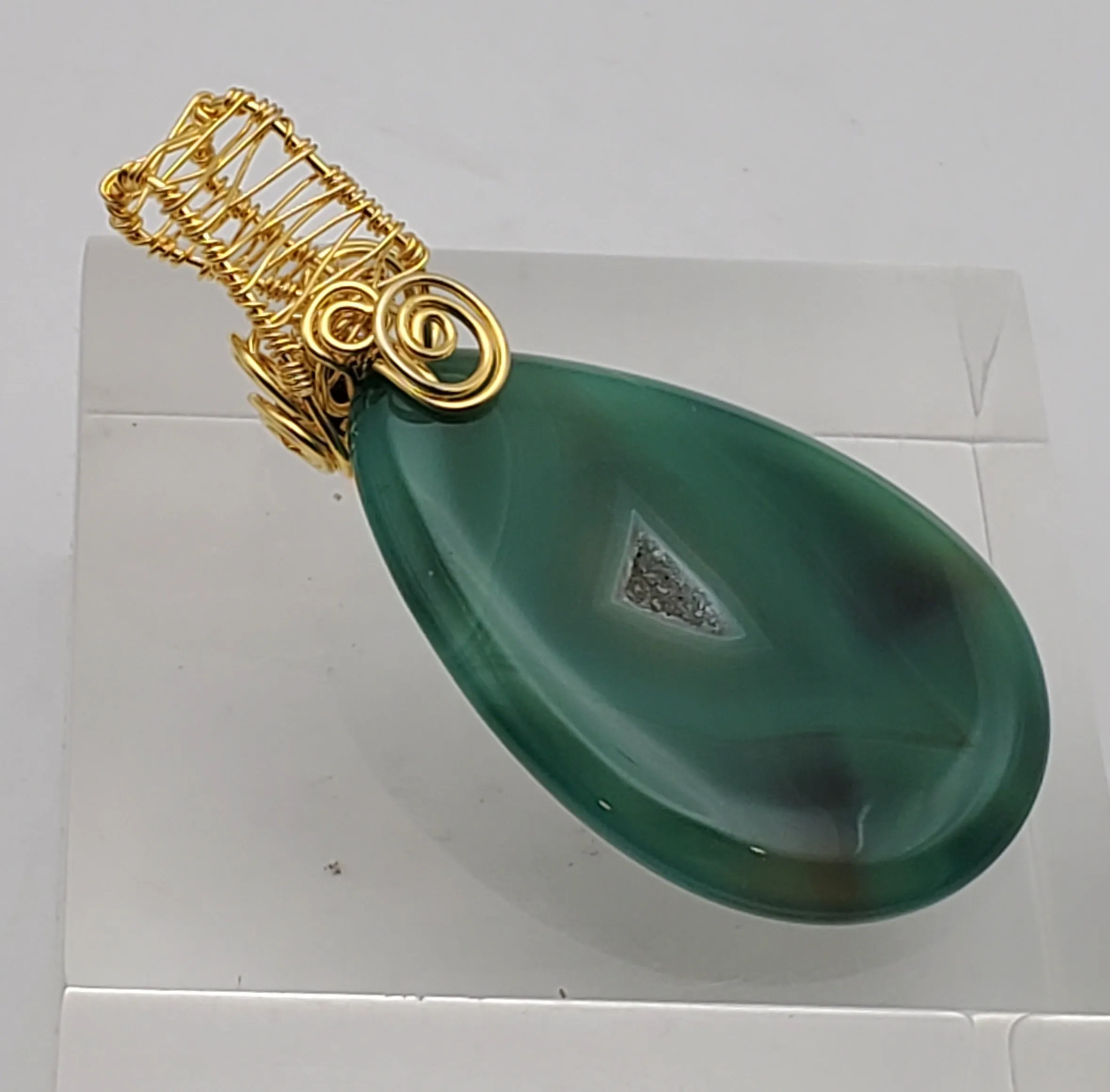 Dyed Green Geode Slice Gold Tone Wire Wrapped Pendant