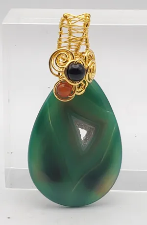 Dyed Green Geode Slice Gold Tone Wire Wrapped Pendant