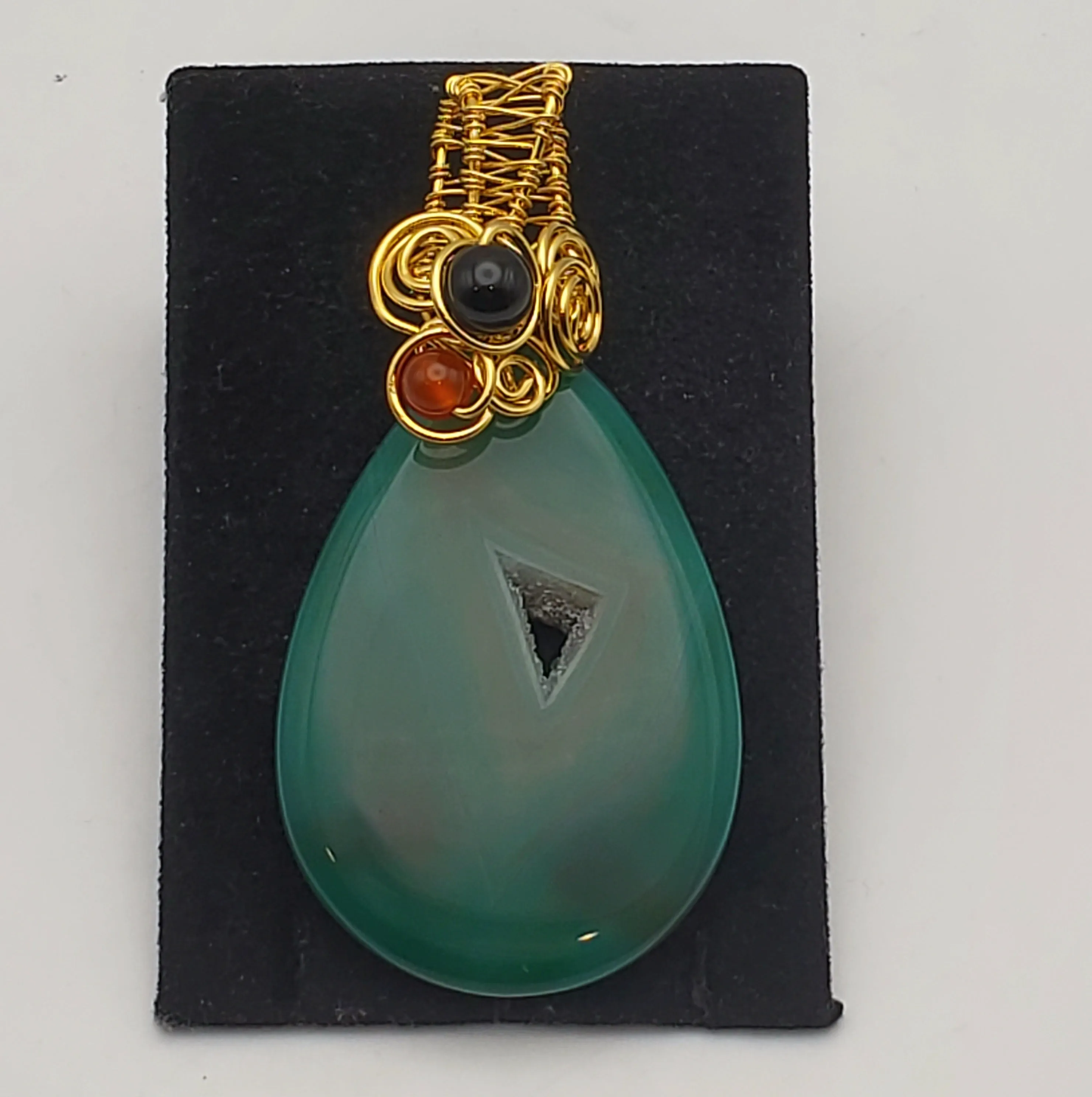 Dyed Green Geode Slice Gold Tone Wire Wrapped Pendant