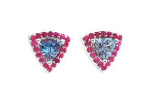 Earrings 18kt Gold Trillion Aquamarines & Pink Sapphires