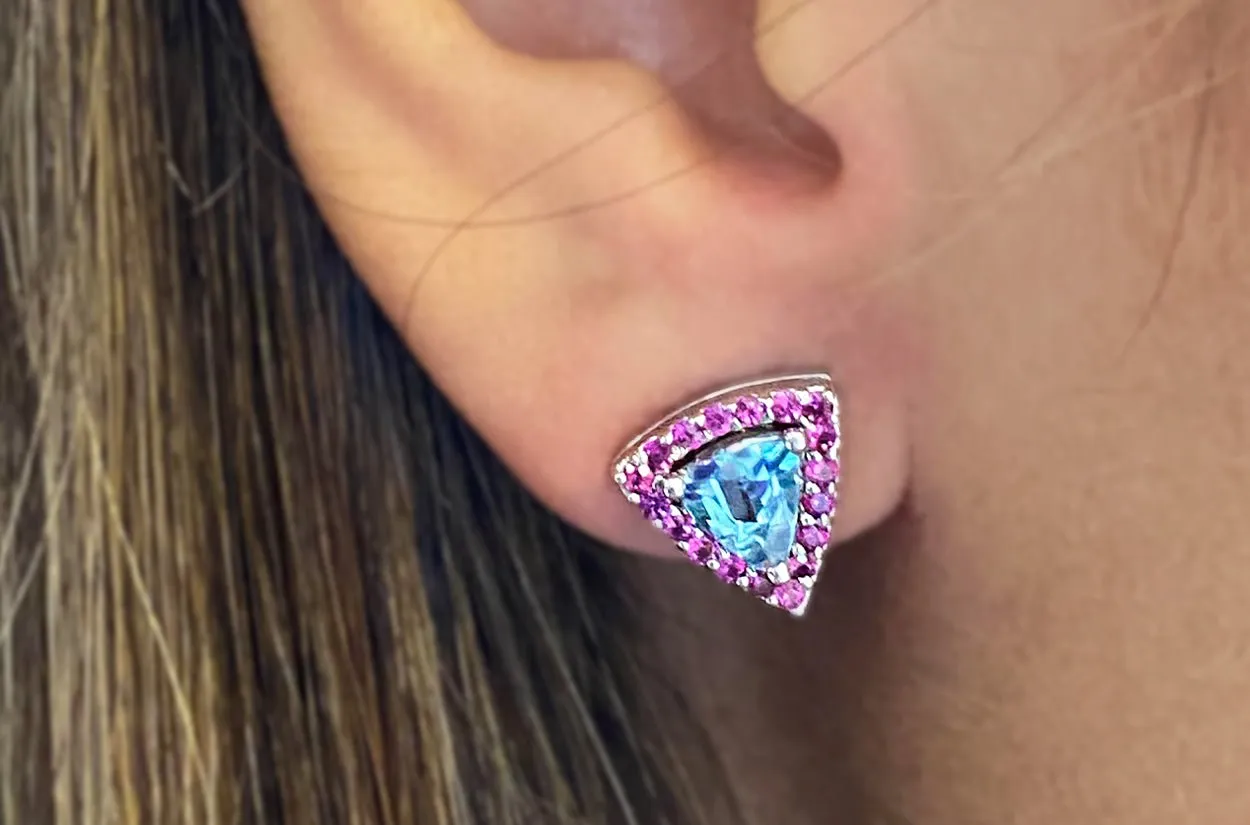 Earrings 18kt Gold Trillion Aquamarines & Pink Sapphires