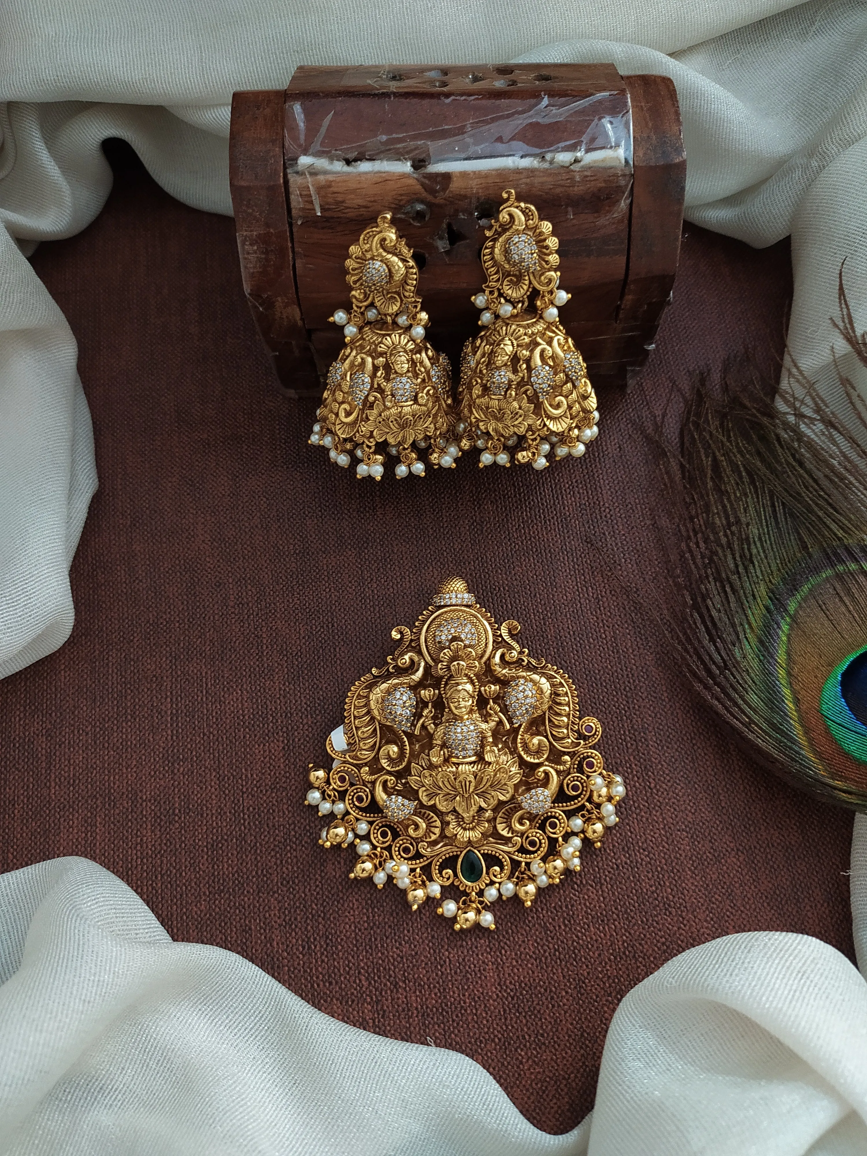 Embrace Divine Beauty Of Peacock & Lakshmi Ji Antique Pendant Set