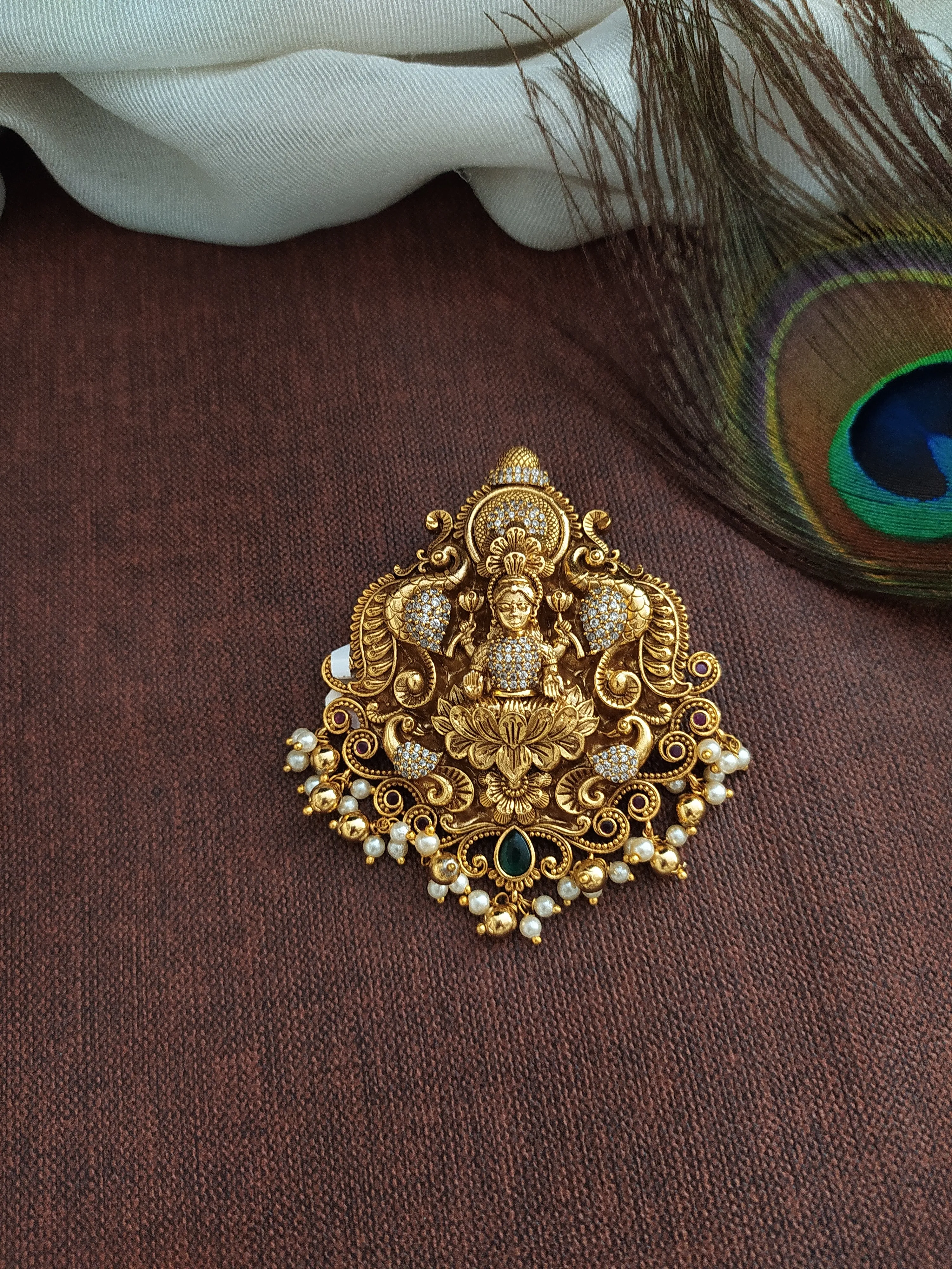 Embrace Divine Beauty Of Peacock & Lakshmi Ji Antique Pendant Set