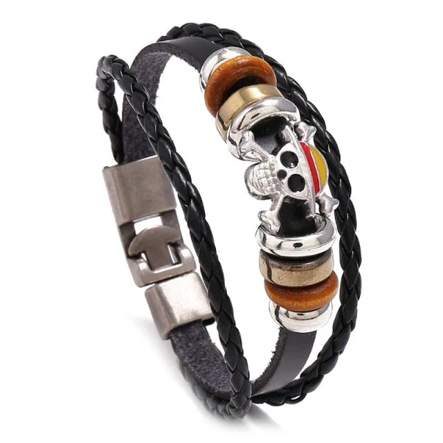 Fashion One Piece Luffy Pirate Logo Bracelet Punk Black Leather Braided Punk Rock Bangles Jewelry Accessories Best Friends Gift